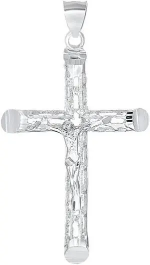 925 Sterling Silver Tube Filigree Jesus Crucifix Cross Pendant Necklace with Chain, Italy, All ages