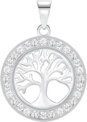 925 Sterling Silver Tree of Life Necklace Pendant Rhodium Plated Clear CZ, Unisex, Italy, All Ages