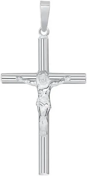 925 Sterling Silver Tube Lord Jesus Christ Crucifix Necklace with Rolo Chain, Italy, All Ages, Unisex