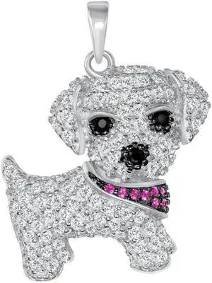 925 Sterling Silver Puppy Pendant Rhodium Plated Cubic Zirconia, Made in Italy, Unisex, All Ages