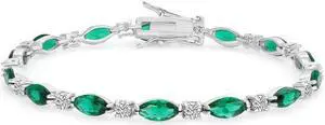 Solid 925 Sterling Silver 7 Green Marquise Cubic Zirconia Tennis Bracelet Rhodium Plated for Women, Italy