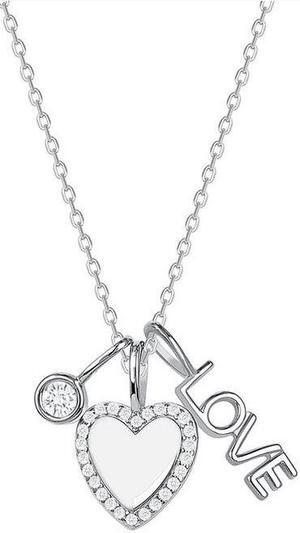 925 Sterling Silver Cubic Zirconia Heart and Love 3 Charm Pendant Necklace Rhodium Plated for Women, Italy