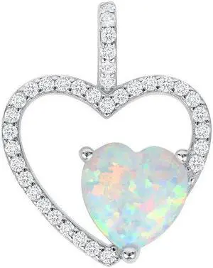 925 Sterling Silver Created White Heart shape Opal Cubic Zirconia Heart Pendant for Women