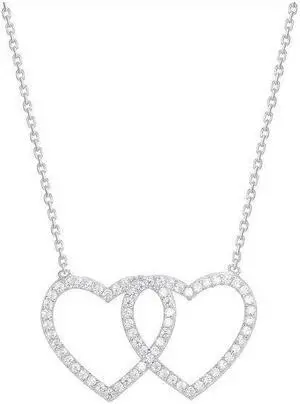 925 Sterling Silver Rhodium Plated Cubic Zirconia Double Love Heart Pendant Necklace  16 + 1 Inch