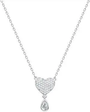 925 Sterling Silver Pave Cubic Zirconia CZ Heart Shape Pendant Necklace Rhodium Plated 16" + 2" for Women, Italy