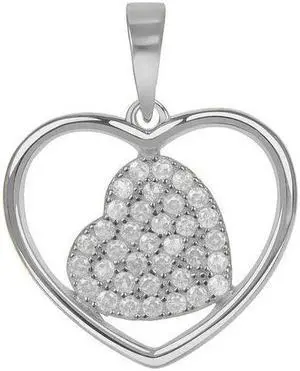 925 Sterling Silver Rhodium Plated Micro Pave Cubic Zirconia Heart in Big Heart Pendant for Women, Italy  MST