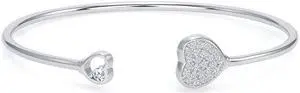 925 Sterling Silver 2 Heart Cuff Bangle Bracelet Rhodium Plated Cubic Zirconia for Women, Italy