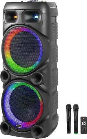 IQ Sound IQ-6512DJBT 2 X 12-inch Portable Bluetooth Speaker, w/TWS, LED Lights, 2 Wireless Mics, Guitar & Mic Inputs, US