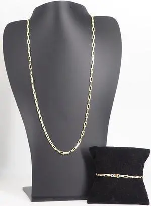 14K Gold-Plated 0.925 Sterling Silver Paper Clip Chain Bracelet (7") & Necklace (22") Set, Made in Italy, Elegant Gift