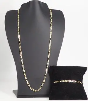 14K Gold-Plated 0.925 Sterling Silver Paper Clip Chain Bracelet (7") & Necklace (20") Set, Made in Italy, Elegant Gift