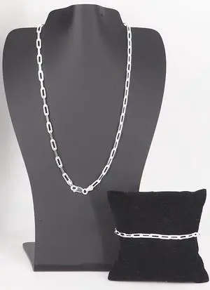 Solid 925 Sterling Silver Paper Clip Chain Bracelet (7") & Necklace (16") Set Made in Italy