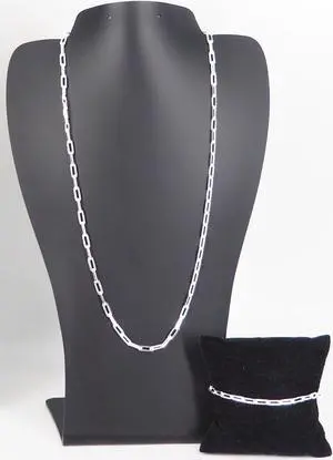 Solid 925 Sterling Silver Paper Clip Chain Bracelet (7") & Necklace (22") Set Made in Italy