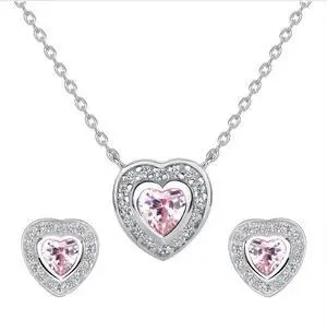 0.925 Sterling Silver Pink Heart CZ Pendant Necklace & Earrings Set, Rhodium Plated, Made in Italy, Gift for Women & Teens