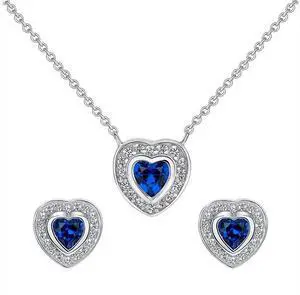 925 Sterling Silver Blue Heart Necklace & Earrings Set Made in Italy