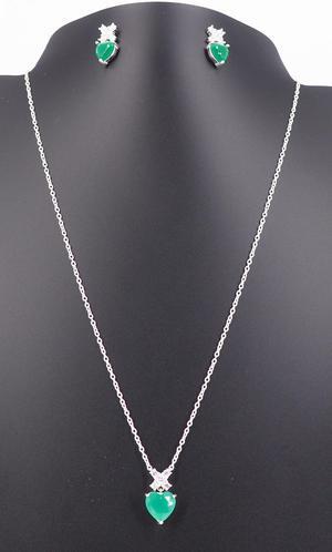 0.925 Sterling Silver Green CZ Emerald Heart Pendant Necklace & Earring Set Adjustable Chain  Made in Italy Hypoallergen