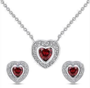 0.925 Sterling Silver Red CZ Heart Necklace and Earrings Set Made in Italy Hypoallergenic Elegant Jewelry for Women and