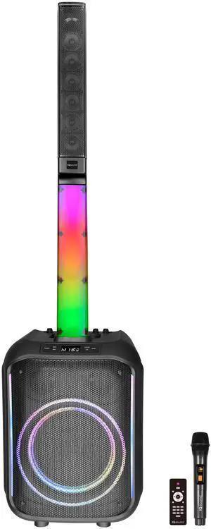 IQ Sound IQ-8510BT Portable 10-Inch PA Speaker System with Column Array, 160W RMS, Bluetooth, LED Lights, TWS, FM, USB, AUX, Mic/Guitar Inputs