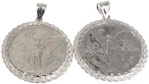 MST 925 Sterling Silver Mexican 50 Peso Centenario Coin Bezel Rope Edge Prong Back Pendant Necklace, Unisex, All Ages