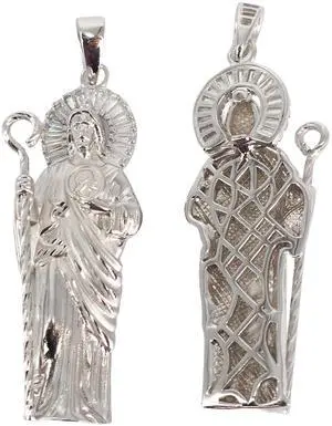 MST 925 Sterling Silver San Judas Saint Jude 3D Pendant Necklace Baguette CZ Rhodium-Plated, Italy, Unisex, All Ages