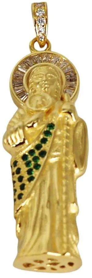 MST 925 Sterling Silver 14K Gold-Plated San Judas (Saint Jude) 3D Pendant Green Emerald & Baguette CZ, Italy