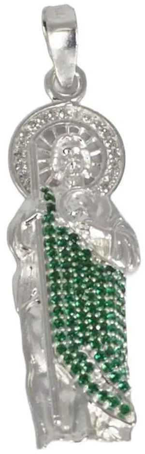 MST 925 Sterling Silver San Judas (Saint Jude) Pendant Necklace Clear and Green Emerald Cubic Zirconia, Unisex, All Ages