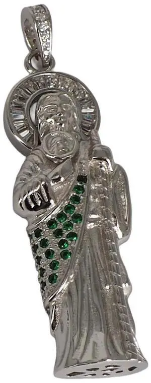 925 Sterling Silver San Judas (Saint Jude) 3D Pendant Necklace, Green Emerald & Baguette CZ, Italy, Unisex, All Ages 925 Sterling Silver San Judas (Saint Jude) 3D Pendant Necklace, Green Emerald & Baguette CZ, Italy, Unisex, All Ages