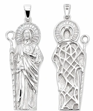MST 925 Sterling Silver San Judas Saint Jude 3D Pendant, Baguette Cubic Zirconia Halo, Rhodium Plated, Unisex, Made in Italy MST 925 Sterling Silver San Judas Saint Jude 3D Pendant, Baguette Cubic Zirconia Halo, Rhodium Plated, Unisex, Made in Italy