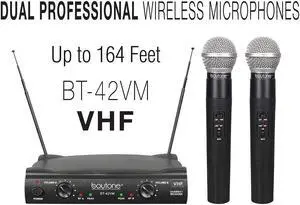 Boytone BT-42VM Dual Channel Wireless Microphone System - VHF Fixed 2 Handheld for Karaoke, DJ, Church, Conference, with carrying cases