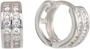 925 Sterling Silver Huggie hoops with 2 row CZ Earrings (6MM x11MM) Rhodium Plated  EH002-11MM