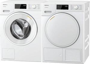 Miele 1447630 Front Load White Laundry Pair with WXD160WCS 24" Smart Classic Washer and TXD160WP 24" Electric Solid Door Dryer
