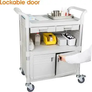 JaboEquip, 3 tier Hospital cart Medical cart with Lockable door and 2 ABS drawers Heavy Duty Utility Cart JBG-3KD1, white