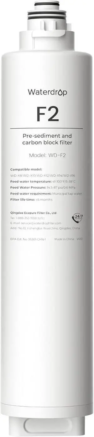 Waterdrop WD-F2 Filter, Replacement for WD-X8-Basic & WD-X8-Alkaline & WD-X12-Basic & WD-X12-Alkaline & WD-X16-Alkaline, 6-month Lifetime