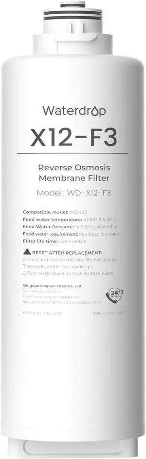 Waterdrop WD-X12-F3 Filter, Replacement for WD-X12-Basic & WD-X12-Alkaline & WD-X12-PRO 1200 GPD Reverse Osmosis System, 24-month Lifetime, Reduce PFAS