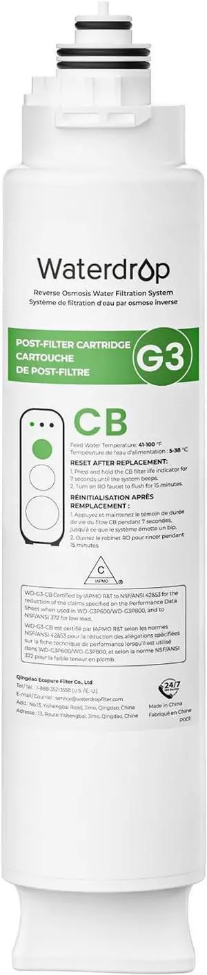 Waterdrop WD-G3-N3CB Activated Carbon Block Filter, 1-year Lifetime, Replacement for G3-W & G3P600 & G3P800 RO System Waterdrop WD-G3-N3CB Activated Carbon Block Filter, 1-year Lifetime, Replacement for G3-W & G3P600 & G3P800 RO System