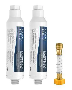 AQUA CREST RV Inline Water Filter, Garden Hose & Camper Water Filter,NSF/ANSI Certified, Reduces Chlorine, Odor, Bad Taste and Sediment in Drinking Water, with Flexible Hose Protector, 2 Pack AQUA CREST RV Inline Water Filter, Garden Hose & Camper Water Filter,NSF/ANSI Certified, Reduces Chlorine, Odor, Bad Taste and Sediment in Drinking Water, with Flexible Hose Protector, 2 Pack