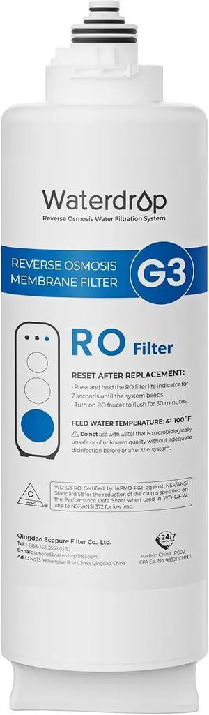 Waterdrop WD-G3-N2RO Reverse Osmosis Membrane Filter, 2-year Lifetime, Replacement for WD-G3-W Reverse Osmosis System Waterdrop WD-G3-N2RO Reverse Osmosis Membrane Filter, 2-year Lifetime, Replacement for WD-G3-W Reverse Osmosis System