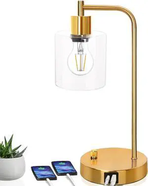 Gold Industrial Table Lamp with 2 USB Ports, Elizabeth Vintage Desk Lamp with Glass Shade, Stepless Dimmable Bedside Reading Lamp for Bedroom Living Room Office, LED Nightstand Lamp with E26 Bulb