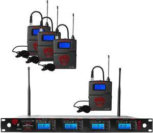 Nady 4W-1KU LT Quad True Diversity 1000-Channel Professional UHF Wireless System with 4 Lapel/lavalier Microphones – AutoScan – Automatic Transmitter Pairing – True Diversity – All Metal Construction