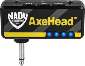 Nady AxeHead Miniature Headphone Guitar Amplifier _ Built-in amp simulation with gain, tone and volume controls _ includes headphones splitter, 3.5mm audio cable, and USB charging cable