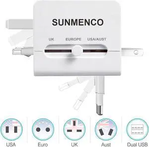 SUNMENCO All-In-One Worldwide Travel Plug Adapter International AC Power Adapter Safety Wall Charger & Converter (US/JP UK EU AU/CN) w/ 2 USB Charging Ports for iPhone 8 7 7s Laptops