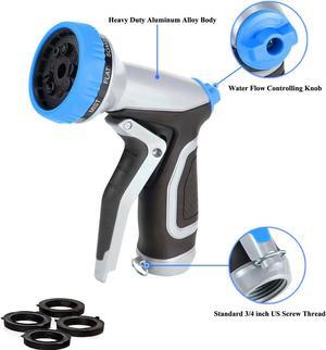 Garden Hose Nozzle Heavy Duty Metal Aluminum Water Spray Nozzle High Pressure Hand Sprayer with 4 Washers Pistol Grip 9 Adjustable Patterns For Car Washing Plants Watering Pets Cleaning Lawn