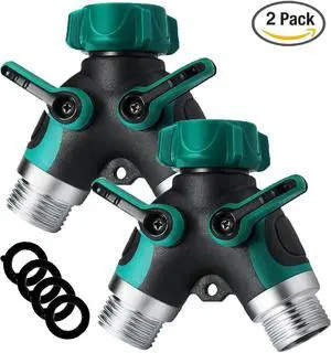 2 Pack Metal Garden Hose Splitter 2 Way Y Valve Hose Connector Water Spigot Faucet Splitter with Comfortable Rubberized Grip, 4 Rubber Hose Washers For Outdoor Lawn Sprinkler Irrigation Drip