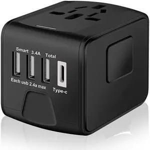 Universal International Travel Power Adapter W/ High Speed 2.4A USB, 3.0A Type-C Wall Charger, European Adapter, Worldwide AC Outlet Plugs Adapters for Europe, UK, US, AU, Asia-Black