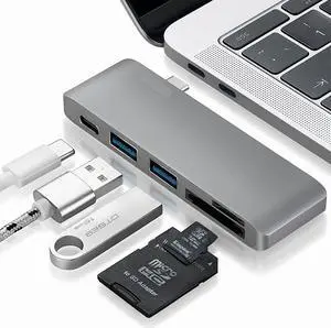 USB Type C Hub Aluminum Adapter 5 in 1 Multi-Port Combo Converter with USB-C Charging Port, Type-C Pass Through, 2 USB 3.0 Ports, SD/Micro Card Reader for 2015/2016 MacBook and more (Space Grey)