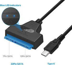 Super Speed USB Type C USB-C to SATA 22 Pin 15+7 Pin 2.5" Hard Disk Driver SSD Adapter Data Power Cable with Blue LED Indicators, Play and Plug (SATA-USB 3.1 converter cable)