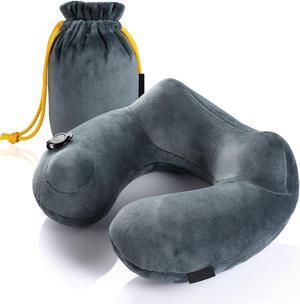 Travel Pillow Soft Velvet Inflatable Neck Support Pillow Travel Cushion for Airplanes, Trains, Camping, Office Napping(Gray)