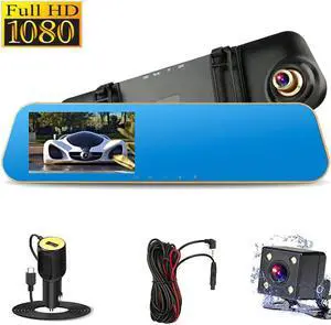 4.3" FHD 1080P Dual Lens Car Camera Dash Cam DVR Recorder 170°Wide Angle Front and Rear Mirror Backup Camera with G-Sensor, Loop Recording, Night Vision and Parking Mode