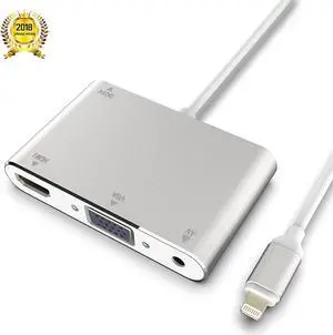 Lightning to HDMI VGA AV Adapter Converter 4 IN 1 Plug and Play HDMI VGA Audio AV Multiport Digital Connector with Power Supply Port for iPhone XS Max X 8 7 6 6s 5 iPad iPod on HDTV Projector