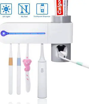 UV Toothbrush Holder, Automatic Toothpaste Dispenser + 5 Toothbrush Sterilizer Holder Wall Mounted with Sticker for Oral-B Toothbrush Women Kids Baby Bathroom
