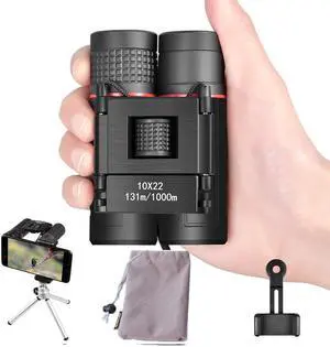 10X22 Mini Binoculars with Tripod Mount, HD Portable Roof Small Pocket Folding Binoculars with BAK7 Prism FMC Lens for Adults and Kids Birding, Sightseeing, Hunting, Sporting Game